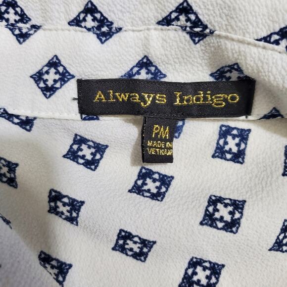 Always Indigo | Petite Geometric Pattern Button Front Short Sleeve Shirt Dress - Picture 7 of 8